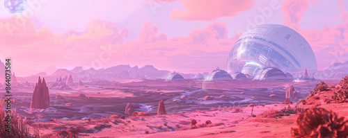 Futuristic landscape on a terraformed Mars with domed colonies, red soil, and advanced mining operations. The sky is a soft pink, with Earth visible as a distant blue dot. photo