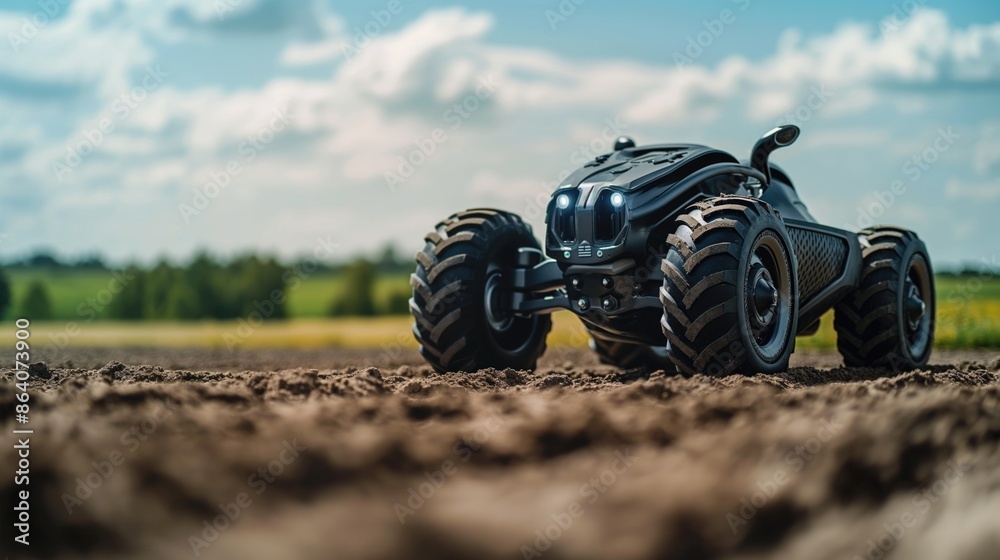 Obraz premium Futuristic autonomous tractor on plowed field. Modern agricultural technology, robotic farming vehicle, AI-driven machinery, rural farming background, advanced farming equipment.