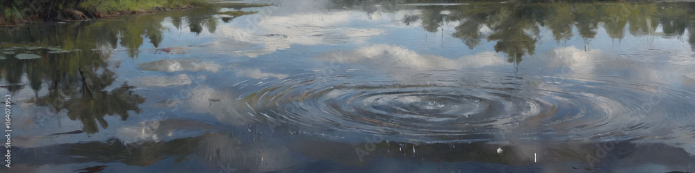 A serene scene of raindrops falling on a calm lake, creating ripples, rendered in thick oil paint to capture the delicate and transient effects, Generative AI A serene scene of raindrops falling on a calm lake, creating ripples, rendered in thick oil paint to capture the delicate and transient effects, Generative AI