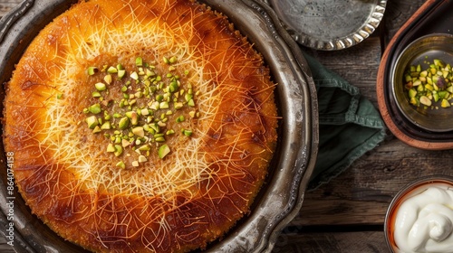 Kunefe is a classic Turkish dessert made with shredded dough, pistachios, and cheese. Served warm, it's a rich and sweet treat that's perfect for any occasion photo
