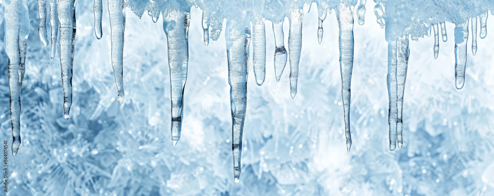 Ice background with icicles hanging down against a backdrop of frosty, crystalline ice. The icicles glisten with reflected light, and the blue-white colors emphasize the cold, wintery feel.