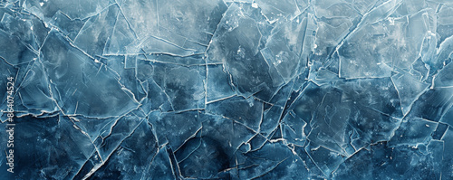 Ice background with a textured surface resembling cracked ice on a pond. The colors include deep blues and frosty whites, capturing the cold, brittle nature of ice in winter. photo