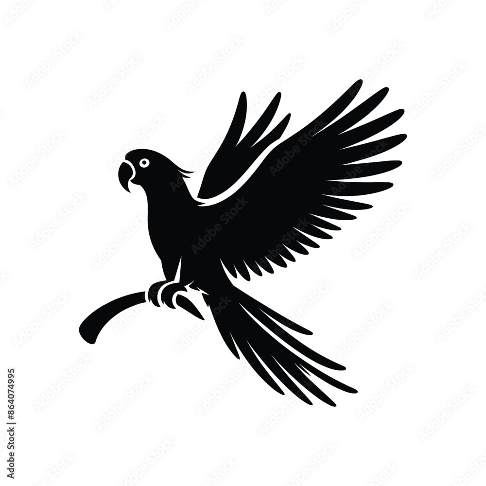 Fototapeta premium Flying Parrot Silhouette Vector Illustration: Tropical Bird in Flight Perched on Branch, Perfect for Wildlife and Nature Themed Designs, Exotic Bird Silhouette for Art and Crafts