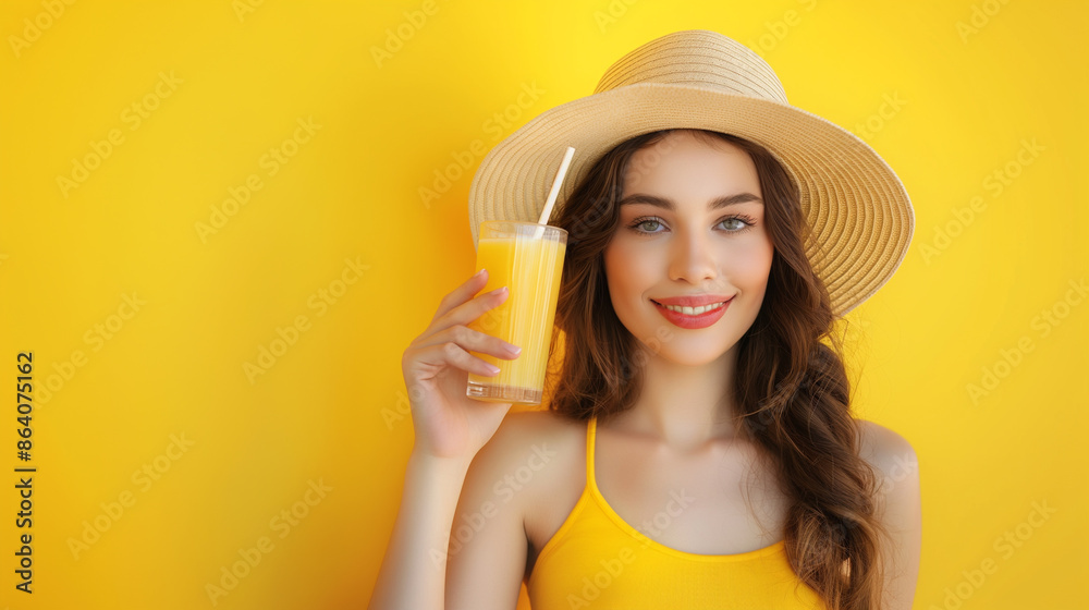 Portrait of a beautiful woman wearing a summer hat drinking fresh orange juice, summer-themed designs, copy space Portrait of a beautiful woman wearing a summer hat drinking fresh orange juice, summer-themed designs, copy space