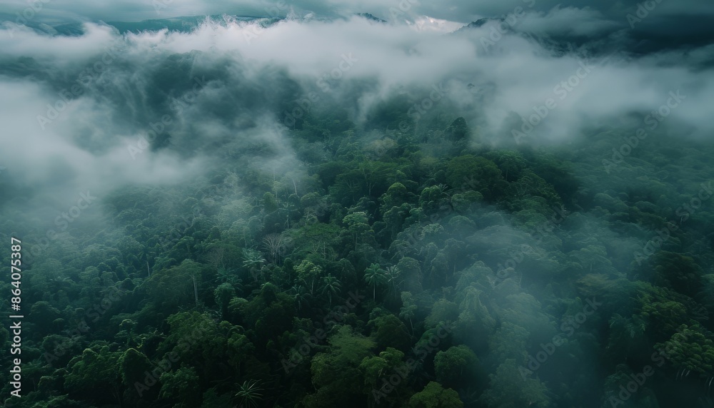 Fototapeta premium Green hills of beautiful rain forest area captured from the air