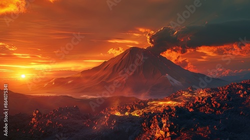 Cinematic landscape with sunset over volcano