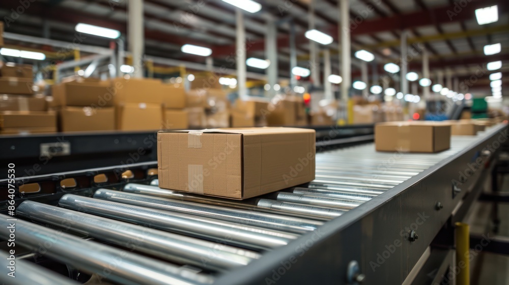 Conveyor Belt Loaded with Cardboard Boxes in Distribution Warehouse Conveyor Belt Loaded with Cardboard Boxes in Distribution Warehouse