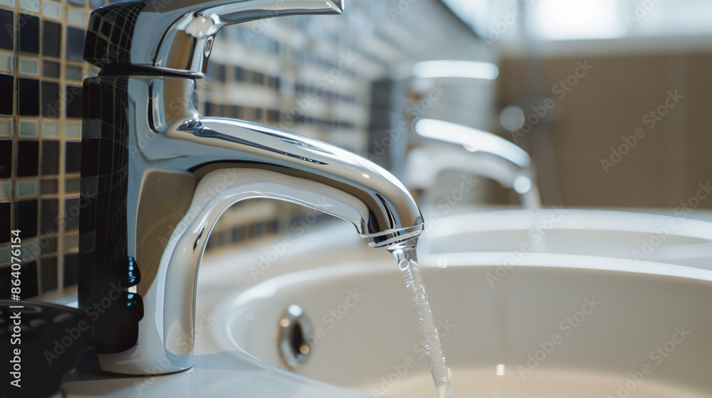 Modern Clean Sink in Public Bathroom with Flowing Water Close Up Modern Clean Sink in Public Bathroom with Flowing Water Close Up