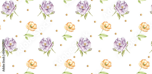 Fototapeta Naklejka Na Ścianę i Meble -  Seamless Pattern Purple Lilac Orange Flowers. Light Delicate Roses, Bluebell , Abstract. Watercolor Botanic Illustration. Decorative Elements for Cards, Invitations, Textiles, Stationery, Clothing