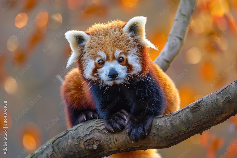 Fototapeta premium A red panda perched on a tree branch, its fluffy tail curled around its body and its curious eyes looking directly at the camera. 