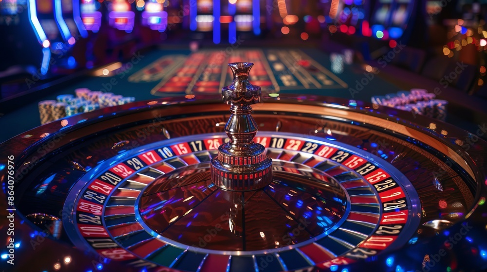 Roulette wheel in a casino with colorful lights