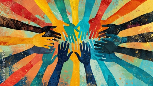 Graphic design of a march with colorful banners and diverse people advocating for equality and rights