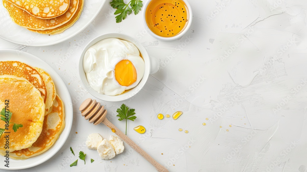 Top view of a plate of crispy potato pancakes with sour cream and parsley, ready to be enjoyed Top view of a plate of crispy potato pancakes with sour cream and parsley, ready to be enjoyed