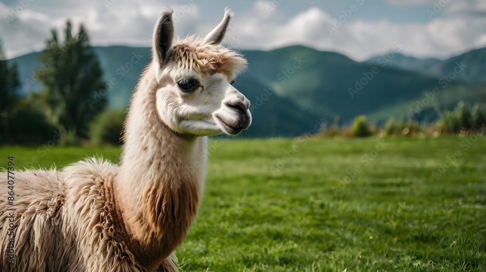 Obraz premium Close up wildlife animal llama on the green field