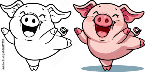 happy pink pig stands on one leg, squinting