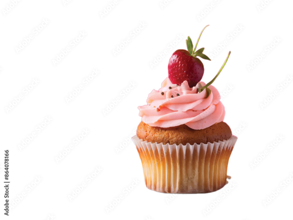 A cupcake with pink icing and a cherry on it on a white background
A cupcake with pink icing and a cherry on it on a white background