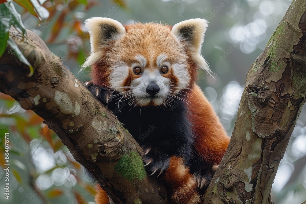 Fototapeta premium A red panda perched on a tree branch, its fluffy tail curled around its body and its curious eyes looking directly at the camera. 