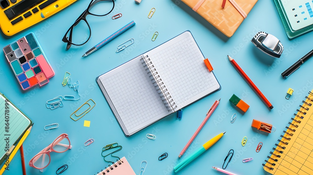 An overhead view of a desk with scattered school supplies and a blank notebook An overhead view of a desk with scattered school supplies and a blank notebook