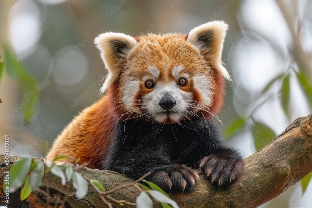 Obraz premium A red panda perched on a tree branch, its fluffy tail curled around its body and its curious eyes looking directly at the camera. 