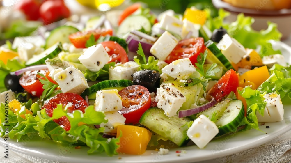 A delicious salad made with cheese and fresh veggies. It's like a Greek salad, but with your own special touch A delicious salad made with cheese and fresh veggies. It's like a Greek salad, but with your own special touch