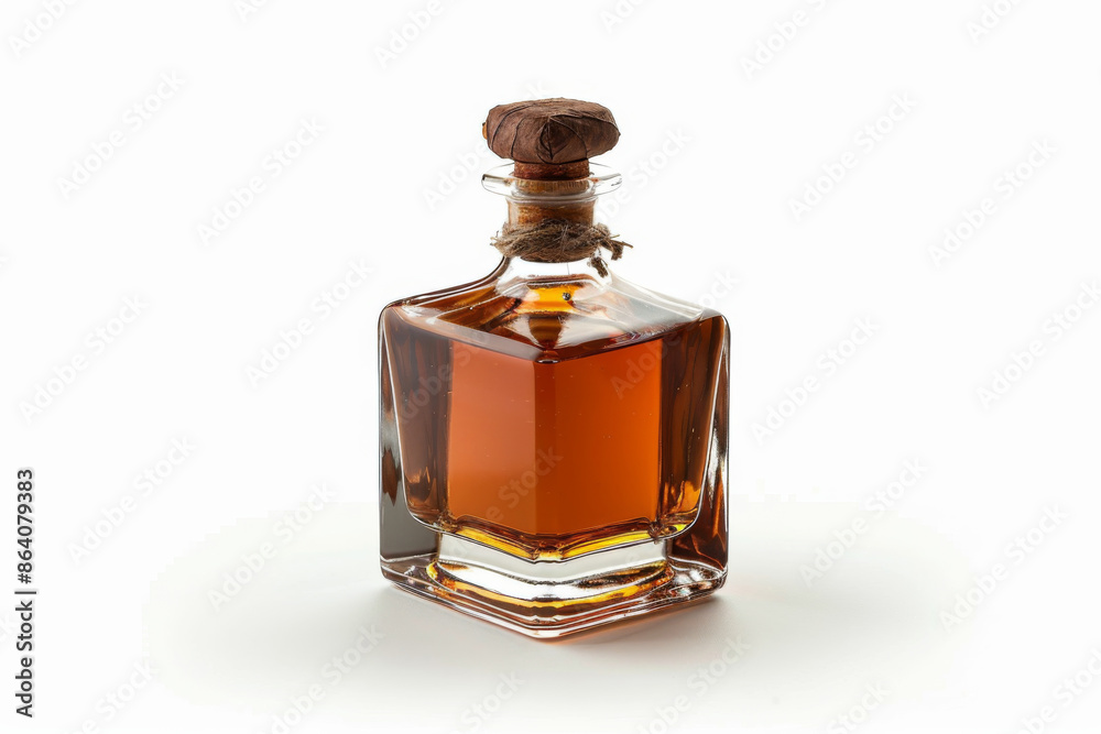 Square Glass Bottle with Brown Liquid and Cork Top