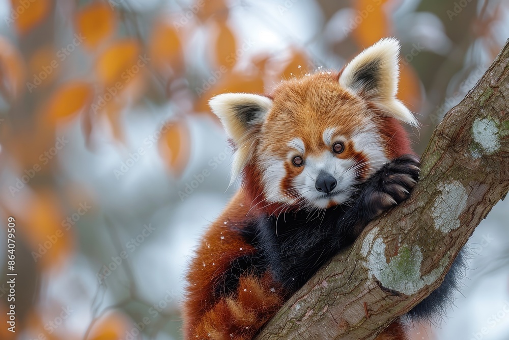 Fototapeta premium A red panda perched on a tree branch, its fluffy tail curled around its body and its curious eyes looking directly at the camera. 
