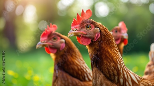 Close-up of chickens in a sunny farm setting. Livestock farming background ideal for free-range poultry, organic farming, and sustainable agriculture concepts. Animal husbandry background. © Anna
