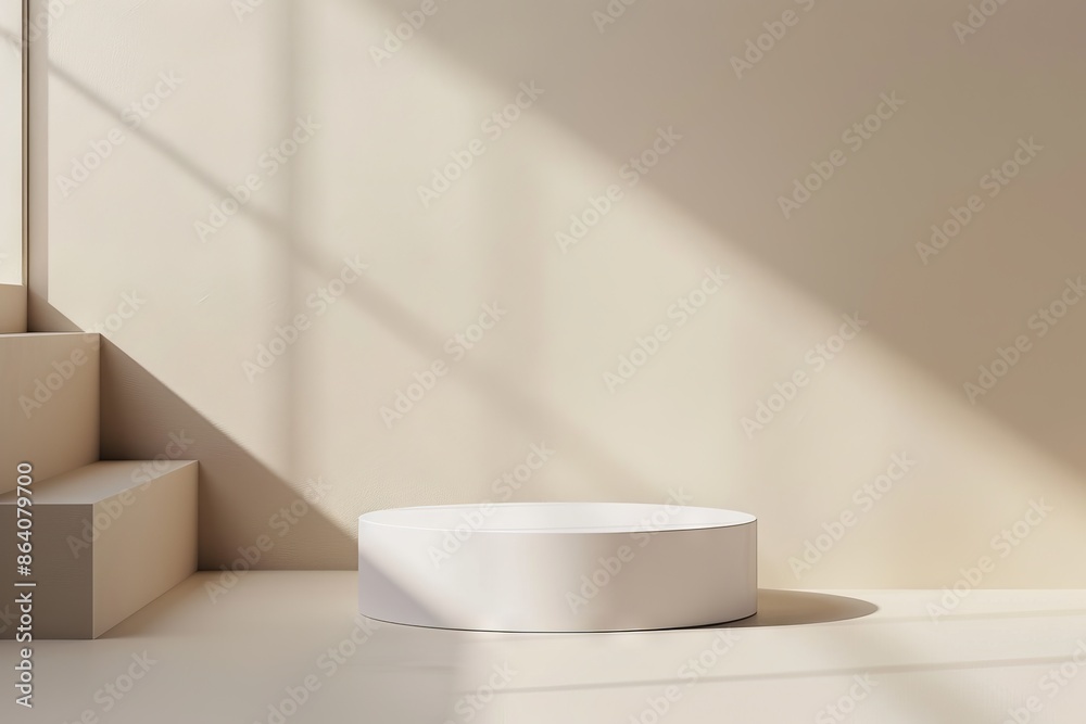 Minimalist product display with white podium, sunlight and shadow on beige wall background. Minimalist photography concept for product mockup. Minimalist product display with white podium, sunlight and shadow on beige wall background. Minimalist photography concept for product mockup.