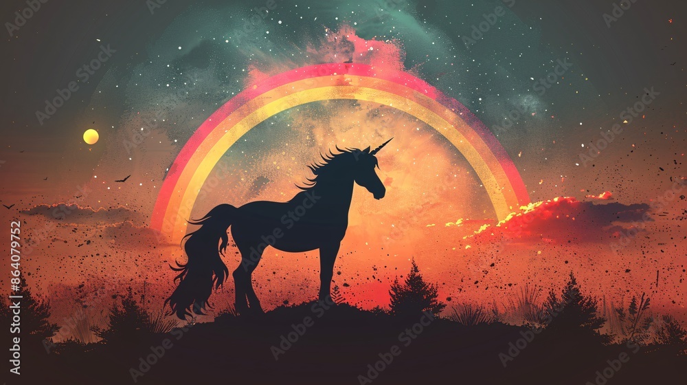 Unicorn Silhouette with Rainbow in the Sky. Unicorn Silhouette with Rainbow in the Sky.