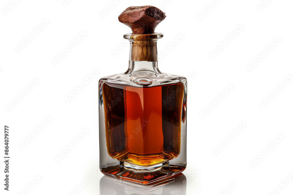 Square Decanter with Wooden Stopper Filled with Amber Liquid Square Decanter with Wooden Stopper Filled with Amber Liquid