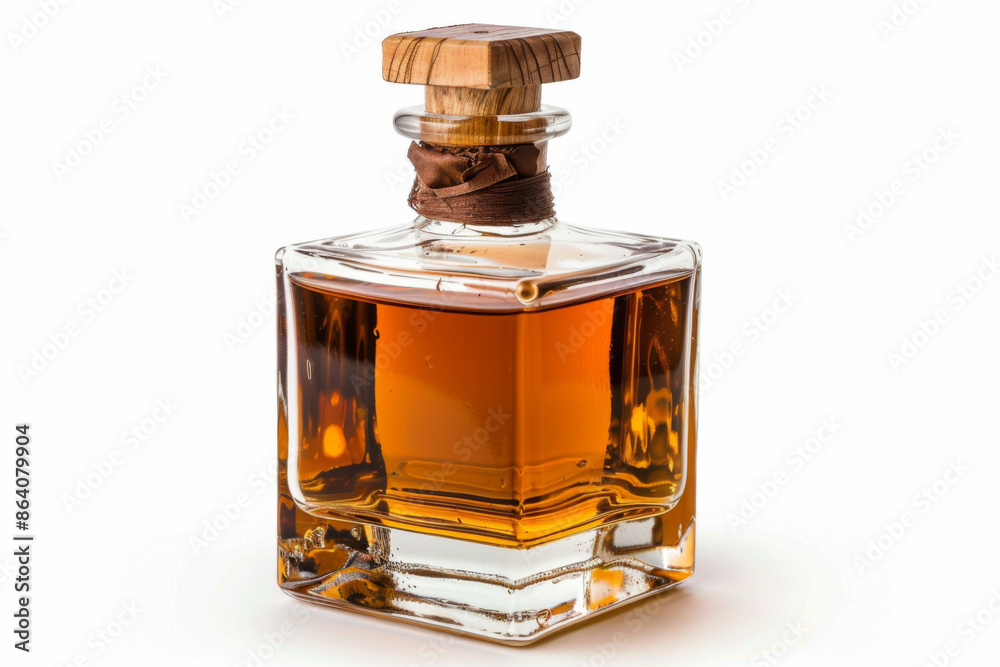 Square Glass Bottle of Amber Liquid with a Wooden Top Square Glass Bottle of Amber Liquid with a Wooden Top