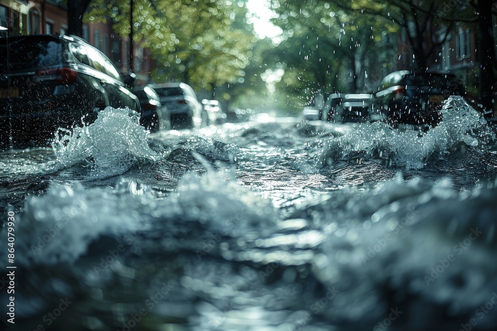Obraz premium Flooded street in urban area after heavy rain storm, creating powerful waves of water, city flooding, weather disaster, natural disaster, climate change