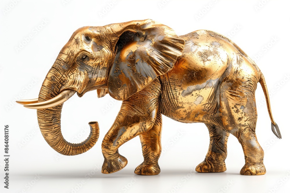 Golden elephant sculpture isolated on white background, animal figurine. Decorative art, gift, home decor, lucky charm, African animal symbol. Golden elephant sculpture isolated on white background, animal figurine. Decorative art, gift, home decor, lucky charm, African animal symbol.