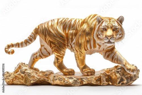 Golden tiger figurine, isolated on white background. A symbol of power, strength, and good luck in Chinese culture. photo