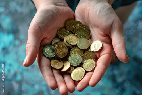 Close up of hands holding golden coins, Concept of wealth, finance, savings, money, and prosperity