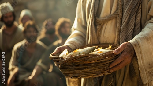 Jesus holding a basket with fish and bread. Biblical-themed artwork featuring fish and bread, symbolizing the miracle of feeding the multitude. Jesus blessing the bread and fish. Generative Ai