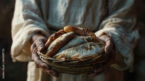 Jesus holding a basket with fish and bread. Biblical-themed artwork featuring fish and bread, symbolizing the miracle of feeding the multitude. Jesus blessing the bread and fish. Generative Ai photo