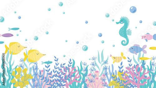 Childrens cute background. Wavy seaweeds, coral reefs, various fishes, seahorse and water bubbles. Horizontal undersea landscape. Sea life vector illustration