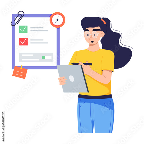 Girl working on task management plan, flat illustration 