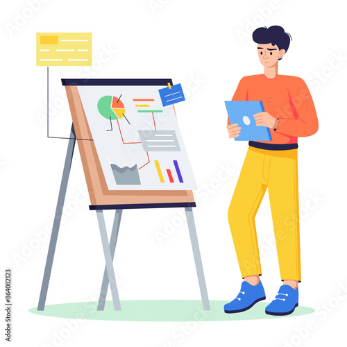 Person giving business analysis presentation, flat illustration 