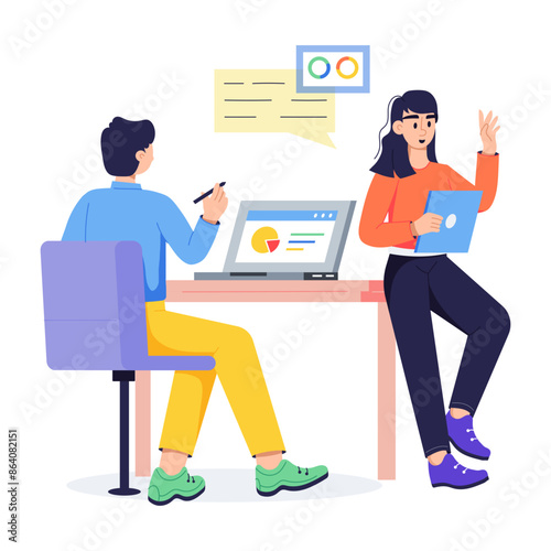 A flat illustration showing team discussing project management plan 