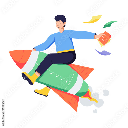 Person with a rocket is denoting business launch, flat illustration 