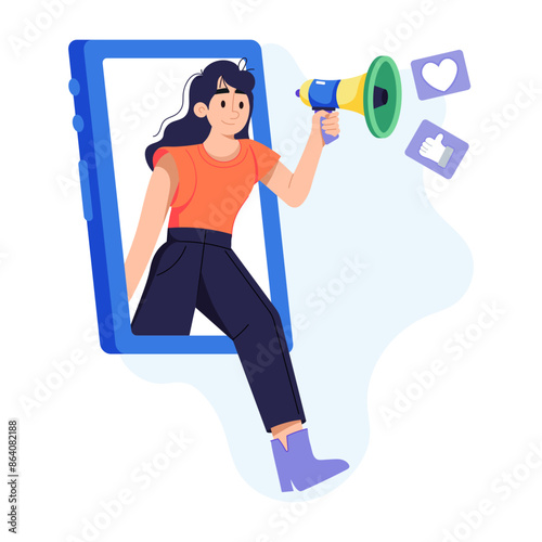 A flat character illustration of online influencer media marketing 