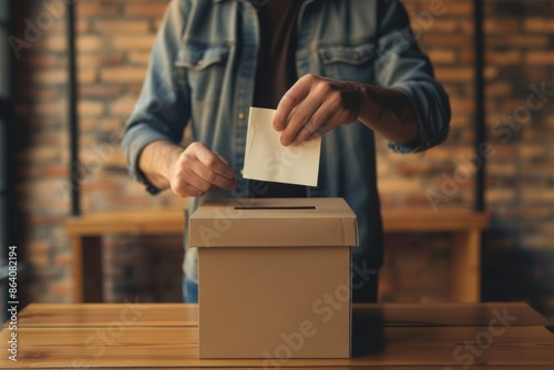 Man's hands placing ballot paper in voting box. Concept of democracy, elections, political participation, and civil rights.