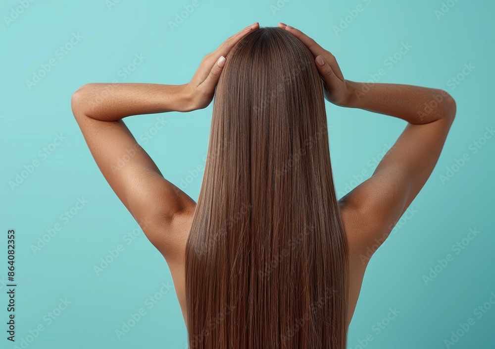 Naklejka premium Rear view of a beautiful brunette woman with long smooth straight hairs on isolated background with space for copy