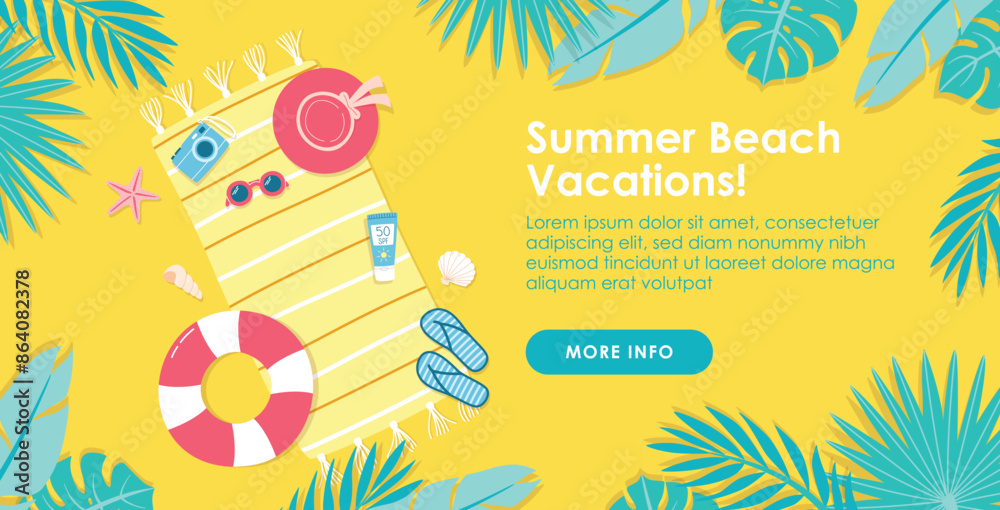 Naklejka premium Summer vacations web banner template. Screen layout for web site. Summer beach vacations promotion