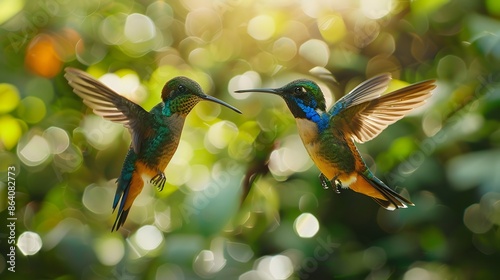 Fiery throated hummingbird flying with Fuchsia flower photo