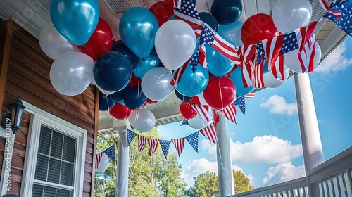 Patriotic American Home Decorated with Balloons and Bunting for Celebration photo