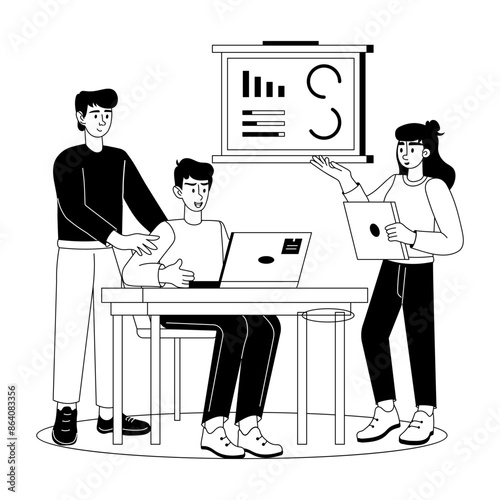 Character based glyph illustration of business team discussion 