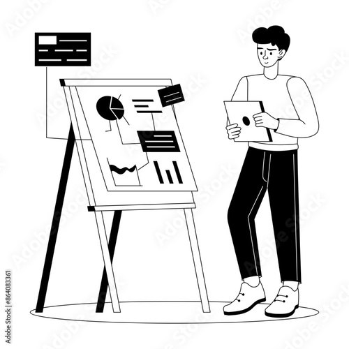 Person giving business analysis presentation, glyph illustration 